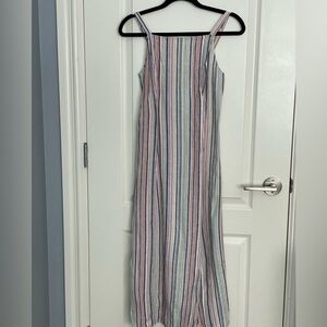 Multicolor Stripe Ecru Maxi Dress Linen-Feel Princess Seams Adjustable Straps S